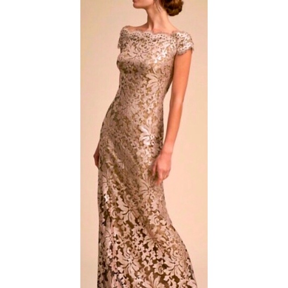 Tadashi Shoji x BHLDN Odette 4 & 10 Gold Green Sequin Lace Maxi Gown - Picture 10 of 13